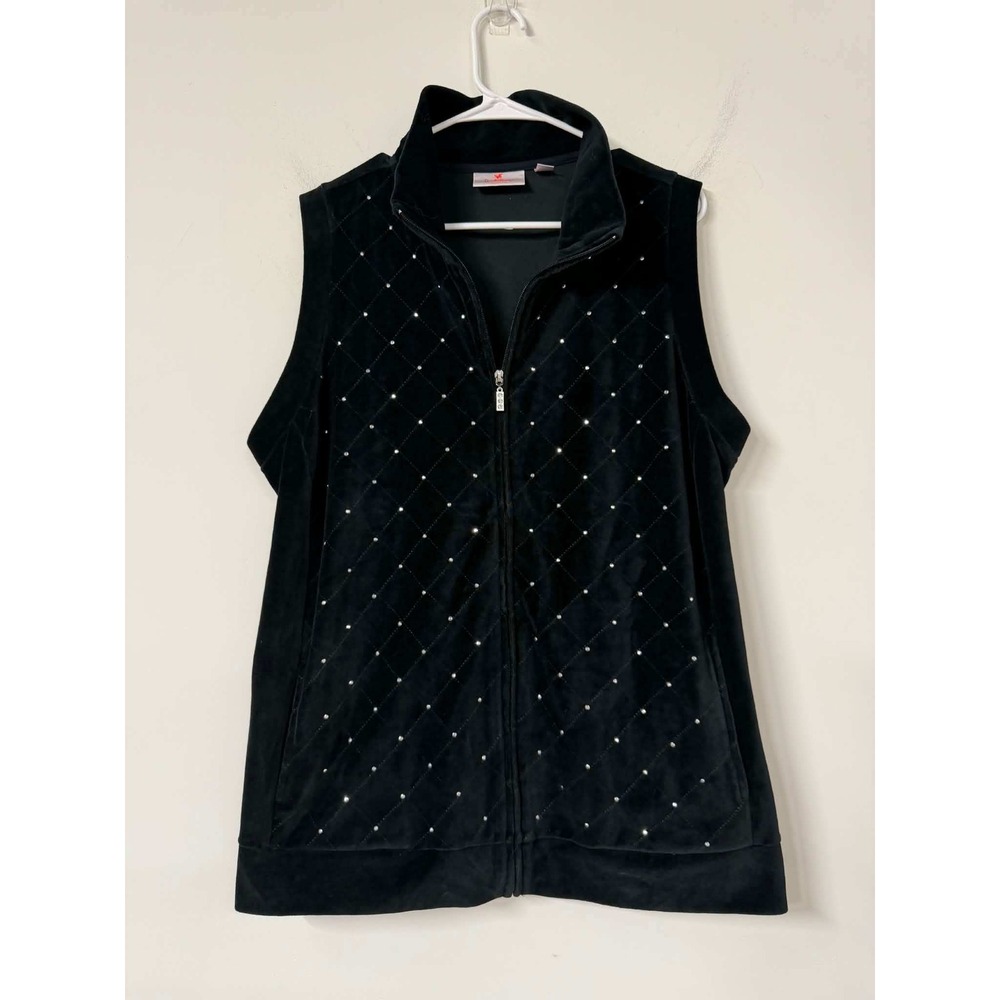 Quacker Factory Womens 1X Black Vest Velour Quilted Rhinestone Zip Up Sparkle